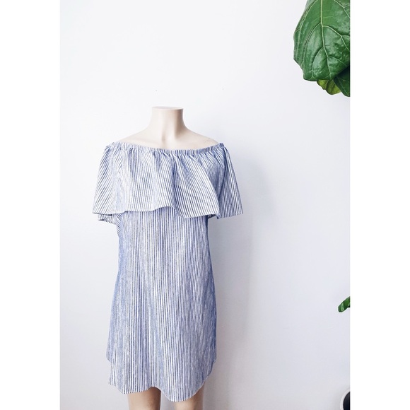 J.crew Striped Blue & White Off shoulder Dress boho Beachy Leisure relaxed Fit - Picture 9 of 9